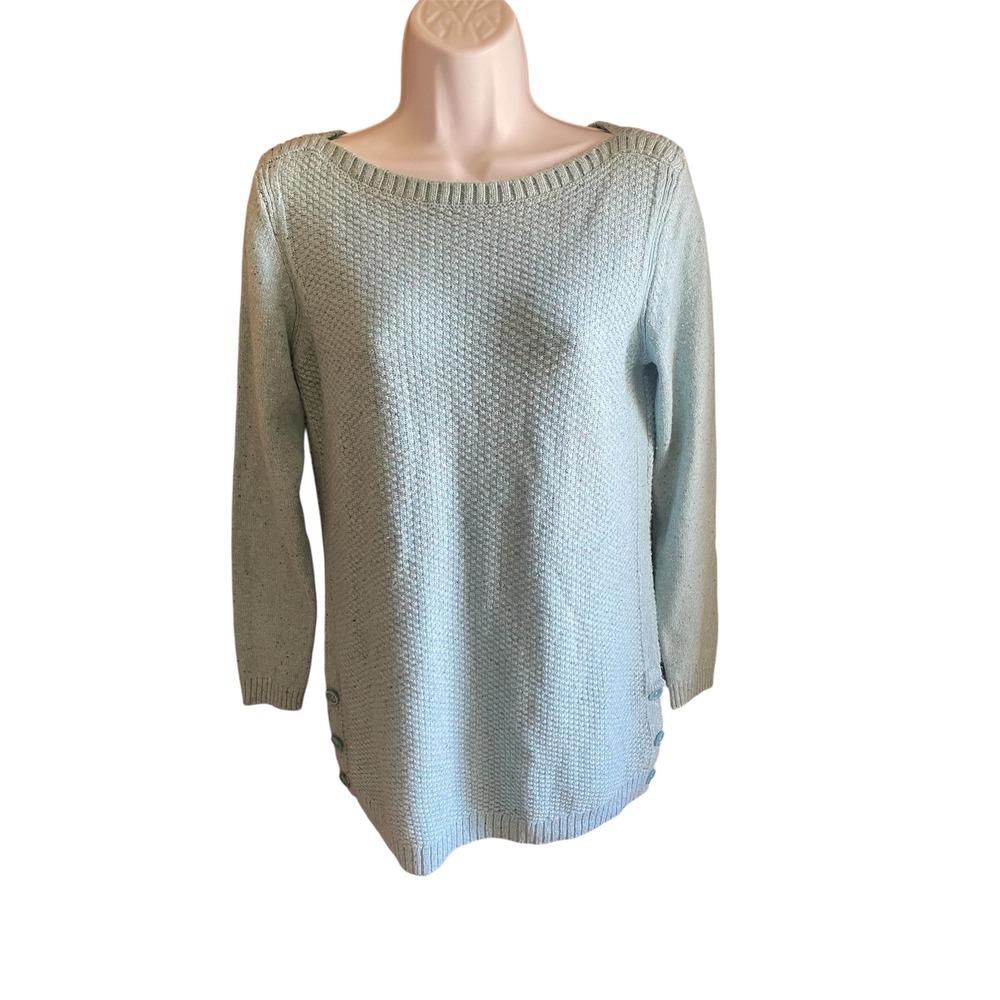 Talbots Womens Blue Button‎ Accent Textured Knit Long Sleeve Top Sweater